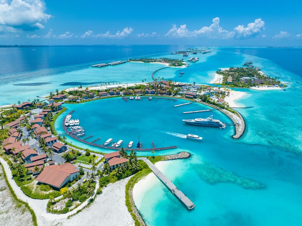Ariel view of the Maldives showing an island resort.