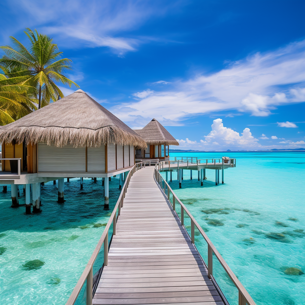 A picturesque scene of the Maldives featuring translucent turquoise waters, pristine white sand beaches, opulent overwater bungalows, a diverse array of colorful sea creatures, and a tranquil tropical sunset painting the sky in warm hues.