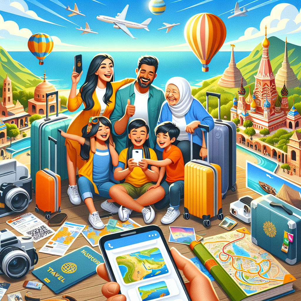 "Excited travelers using a mobile app to navigate and explore a scenic vacation destination with visible booking tools, famous landmarks pinpointed on a digital map, and a clear, user-friendly interface on their smartphone screen amidst a vibrant, picturesque travel backdrop."