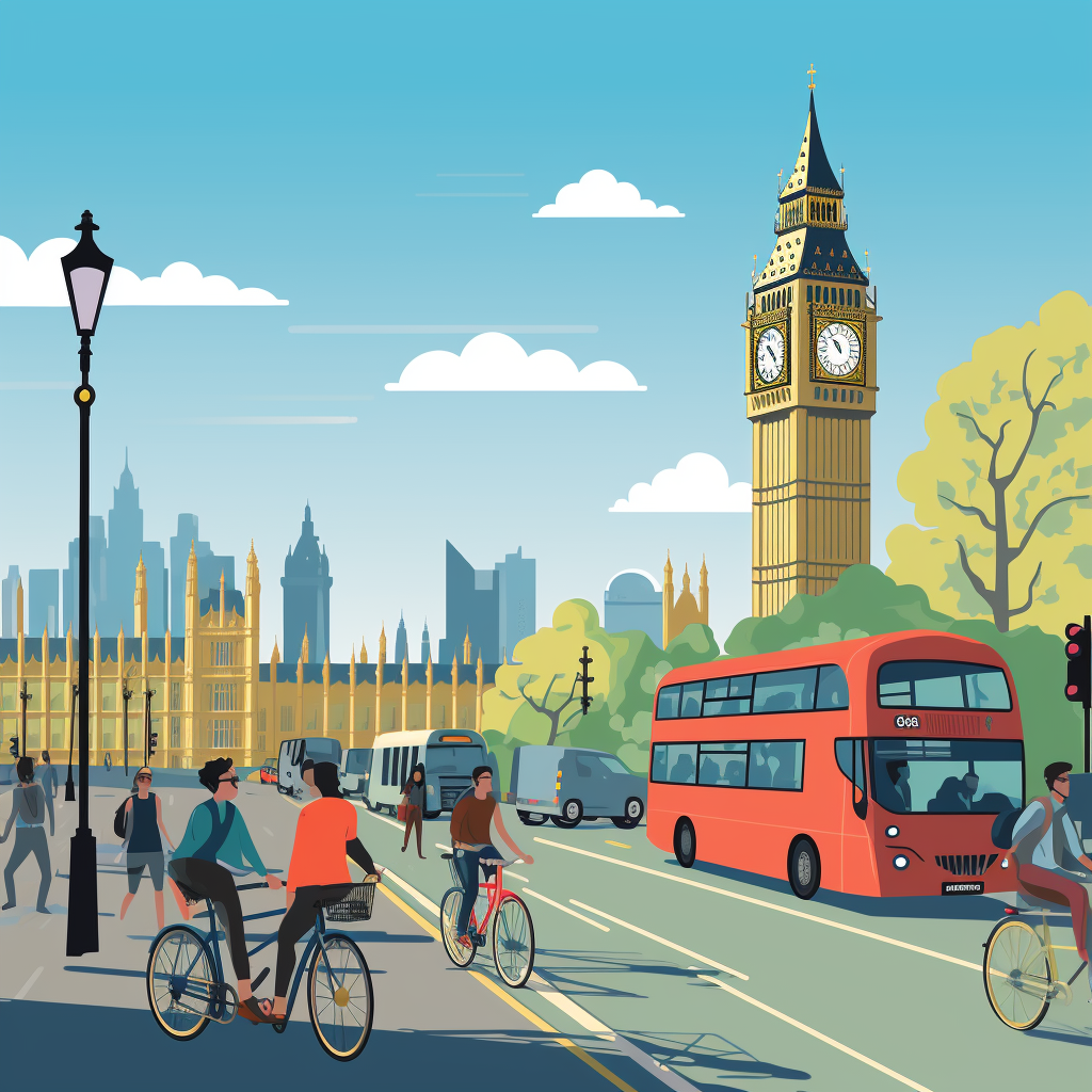 Tourists on bicycles with reusable water bottles and solar backpacks cycle past London's iconic landmarks under a clear blue sky, symbolizing low pollution, with public transport vehicles visible in the background.