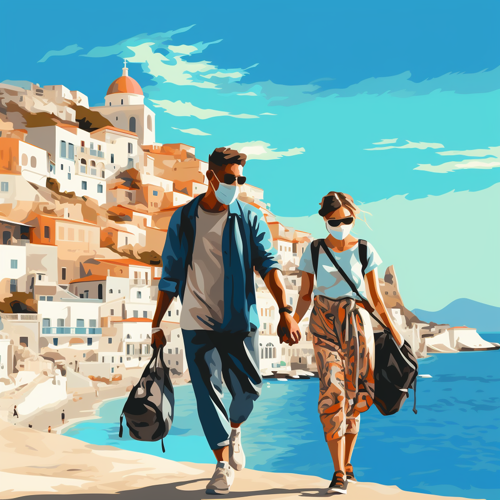 Tourists with luggage and health documents in hand wearing face masks in front of famous Greek landmarks under a sunny Mediterranean sky, conveying a vibrant and welcoming atmosphere typical of a travel photo.