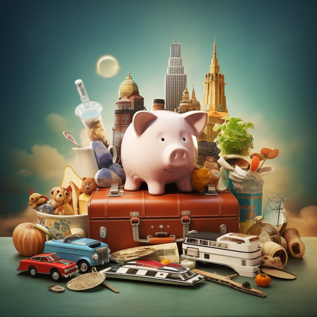 Alt text: "A hyperrealistic travel scene where a piggy bank, scattered coupons, and a calculator are artfully integrated among world-famous landmarks such as the Eiffel Tower and the Statue of Liberty, alongside essential travel gear like a backpack, camera, and maps, symbolizing budget travel and savings."