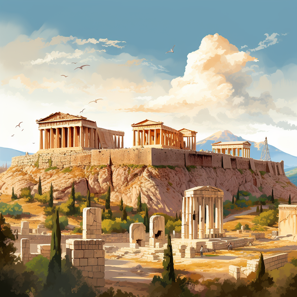 "Collage of top 5 historical sites in Athens under golden sunlight with tourists: central Acropolis and iconic Parthenon, towering columns of Temple of Olympian Zeus, thriving Ancient Agora, elegant Erechtheion with Caryatid Porch, and the ancient amphitheater, Theater of Dionysus."