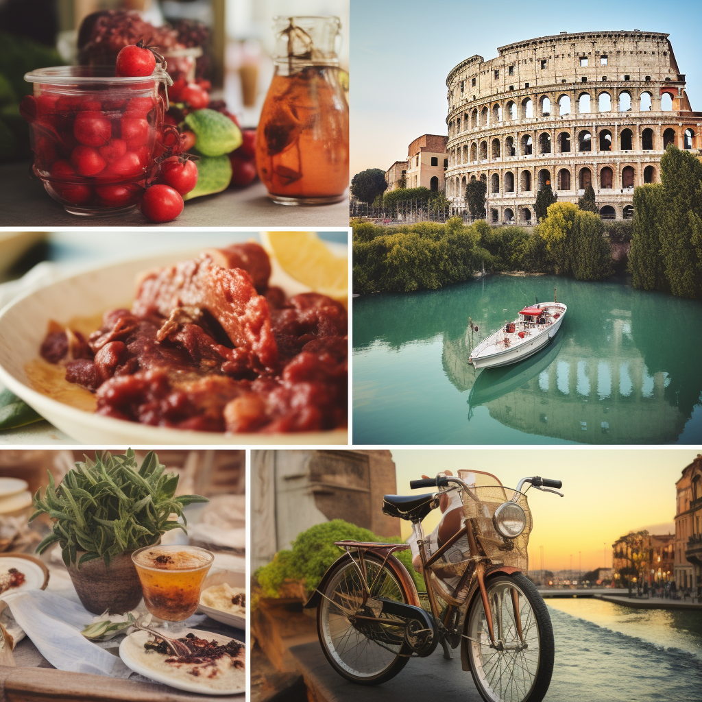 "Collage of budget travel in Italy featuring a backpacker in front of the Colosseum, a visitor enjoying pizza and gelato, people using public transportation, a guest in a hostel dormitory, tourists on a free city walking tour, a traveler meandering through a charming village, and a lone individual consulting a map by a historic fountain."