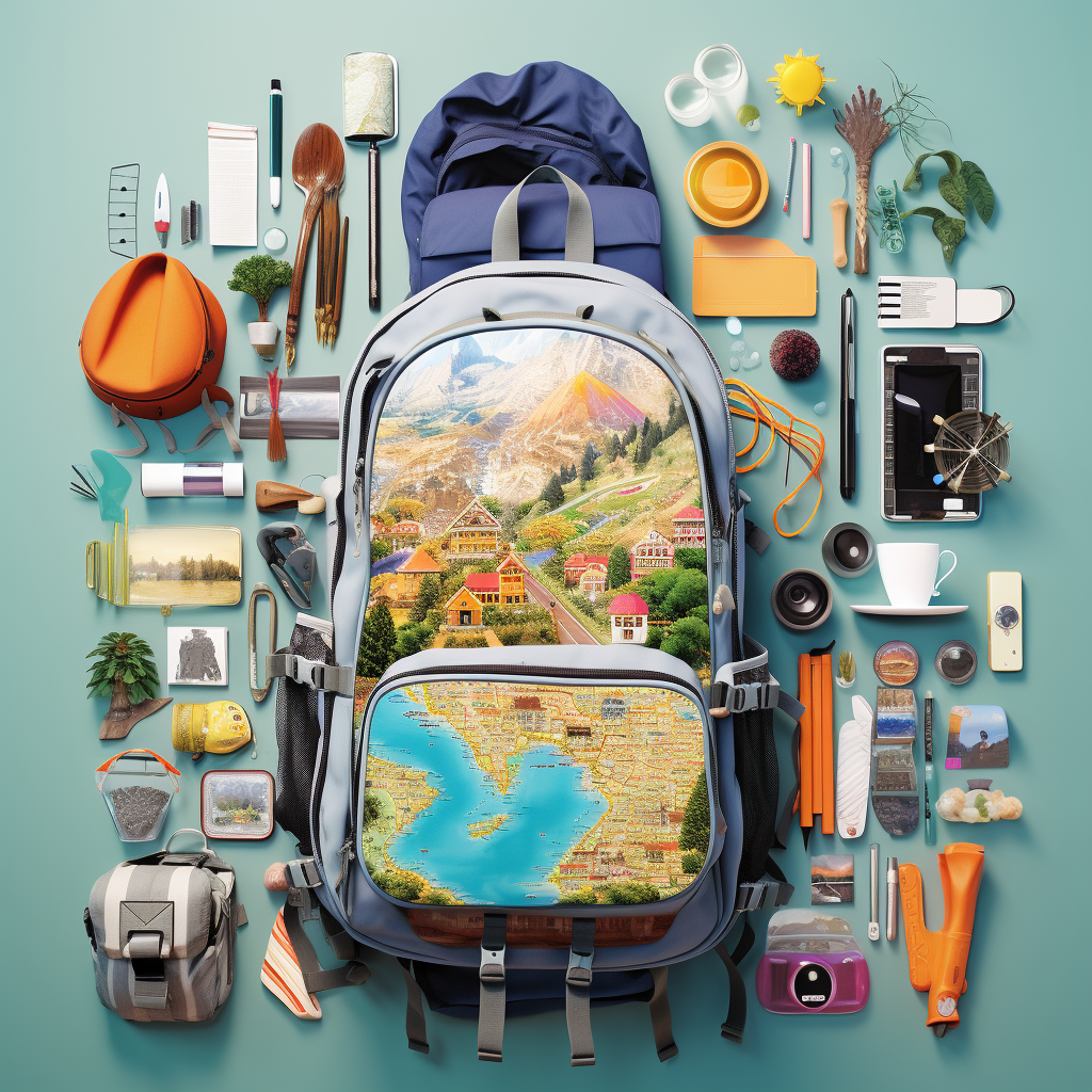 "Backpack surrounded by travel essentials including maps, camera, budget airline tickets, a hostel key, water bottle, local street food, and travel-size toiletries, set against a picturesque backpacker trail landscape."