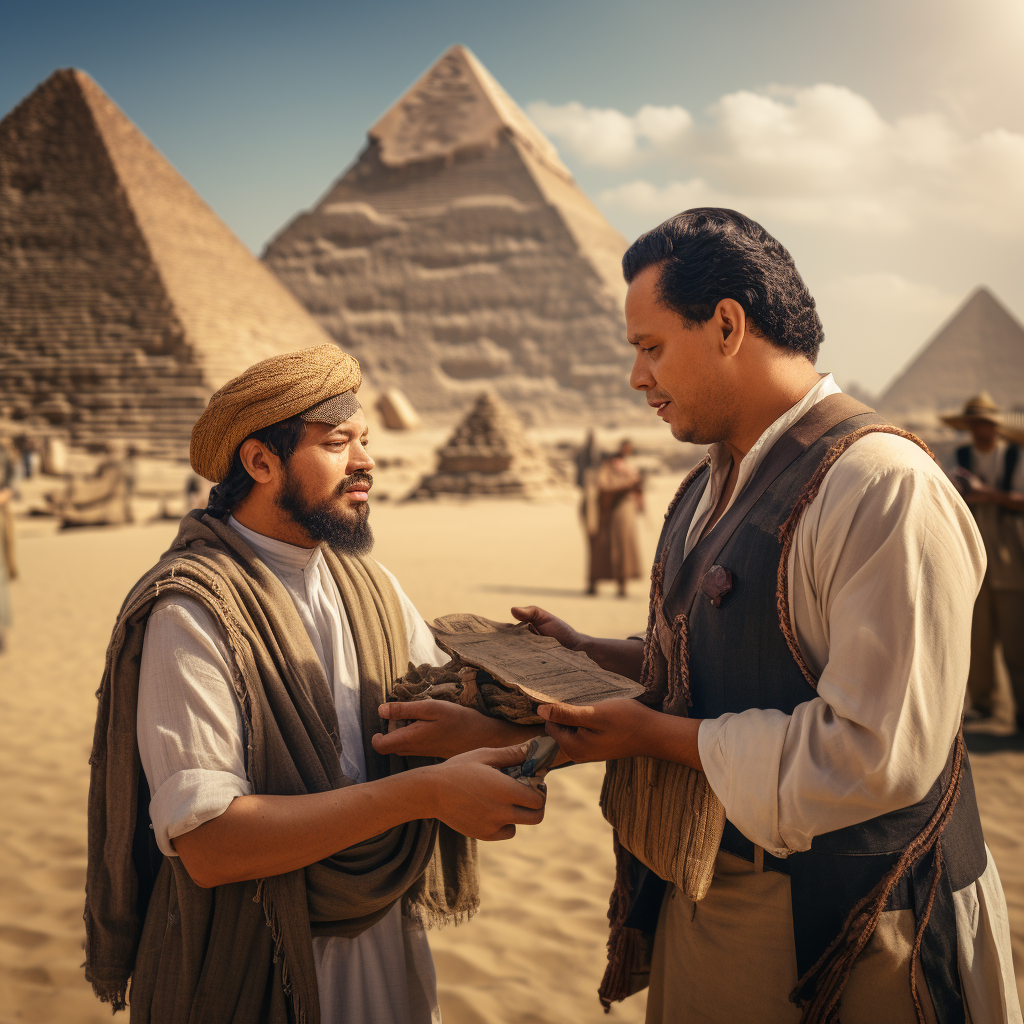 A traveler with a map and camera in hand stands before the Great Pyramid of Giza, interacting with a local Egyptian merchant displaying traditional crafts.