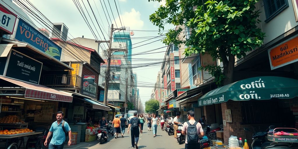 Bangkok street with budget hotels and backpackers