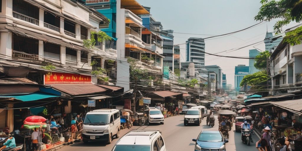 Bangkok street with budget hotels and backpackers