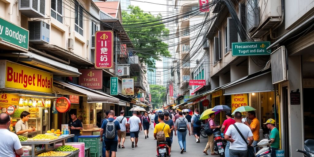 Bangkok street with budget hotels and backpackers