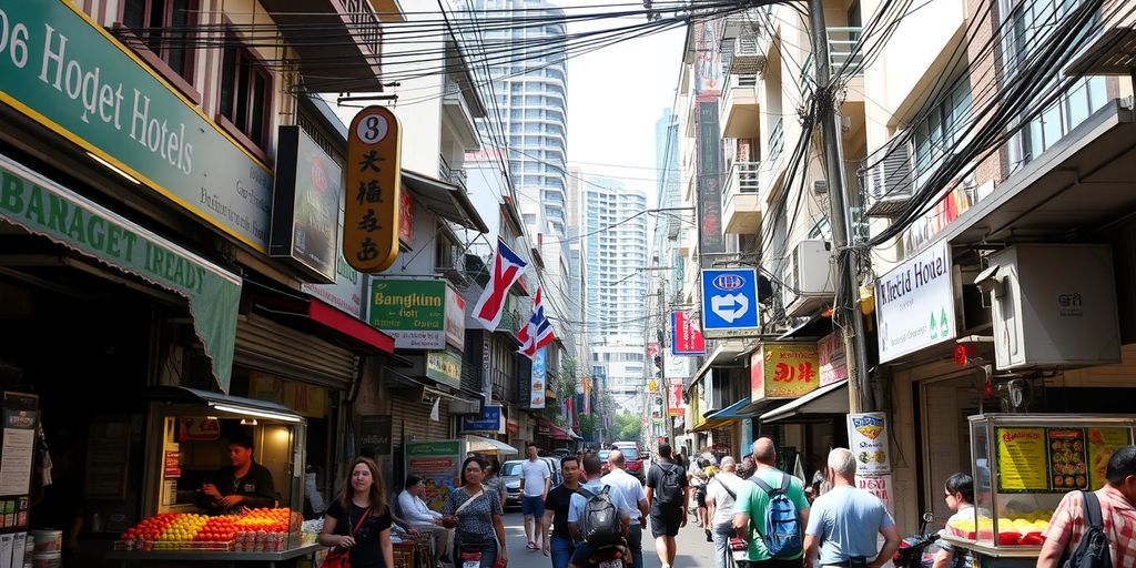 Bangkok street with budget hotels and backpackers