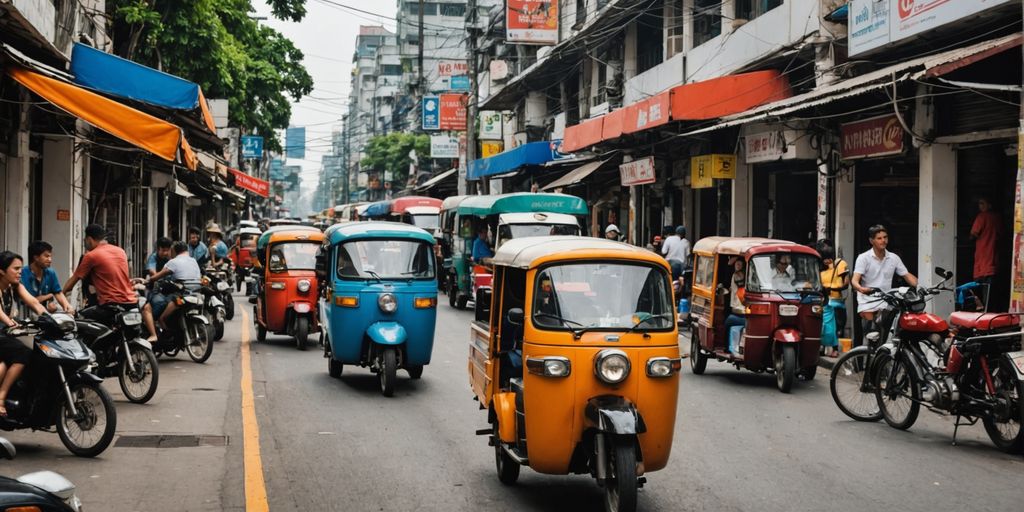 Bangkok street with budget hotels and backpackers