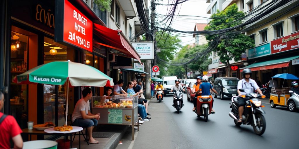 Bangkok street with budget hotels and backpackers