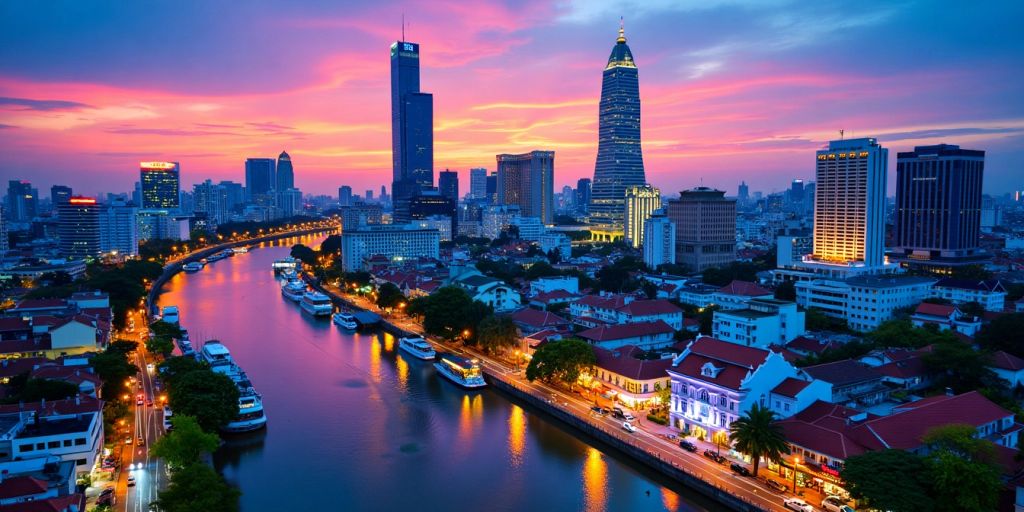 Bangkok skyline with hotels and river at dusk