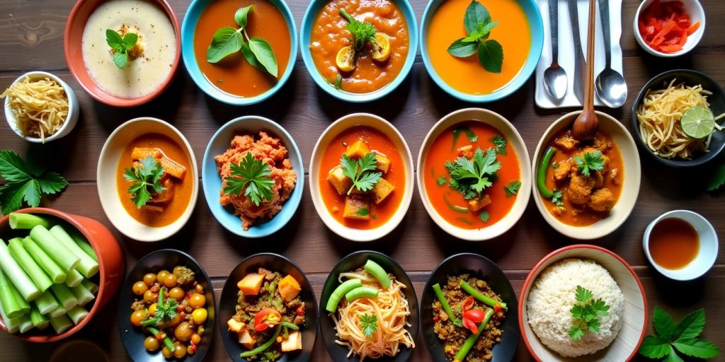 Colorful Thai dishes on a wooden table.