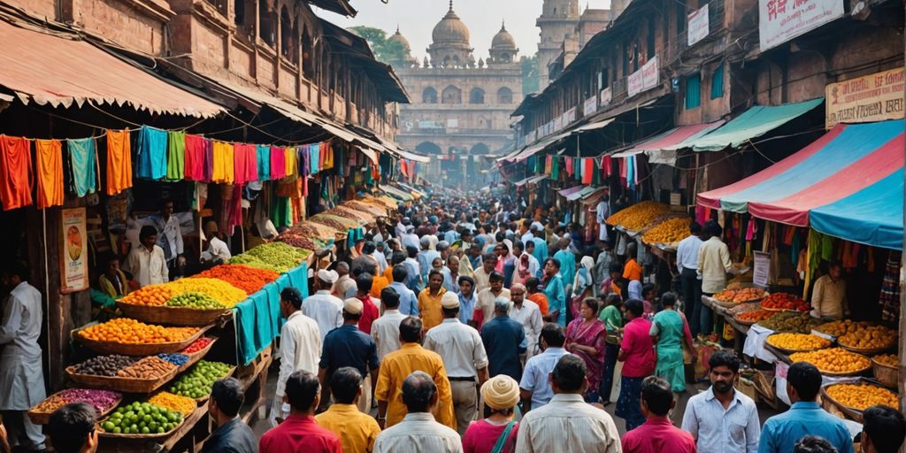 Vibrant Indian market with colorful stalls and bustling crowds.