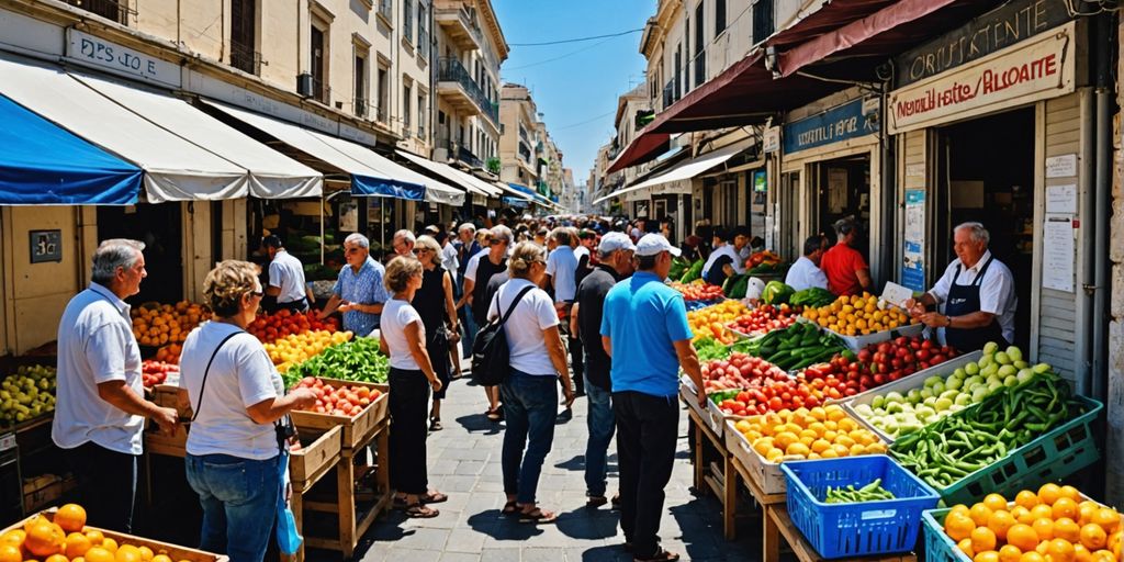 Athens market with colorful stalls and crowds