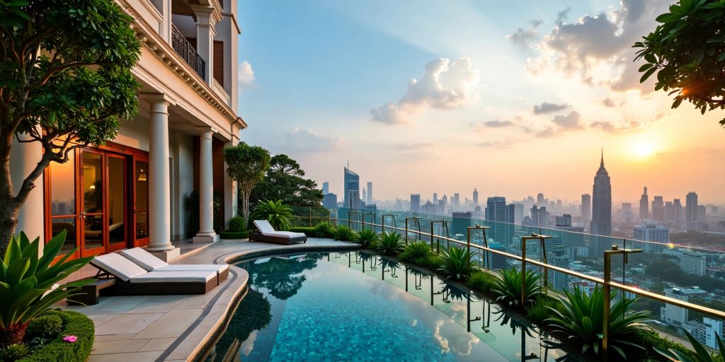 Luxury hotel in Bangkok with pool and skyline view.