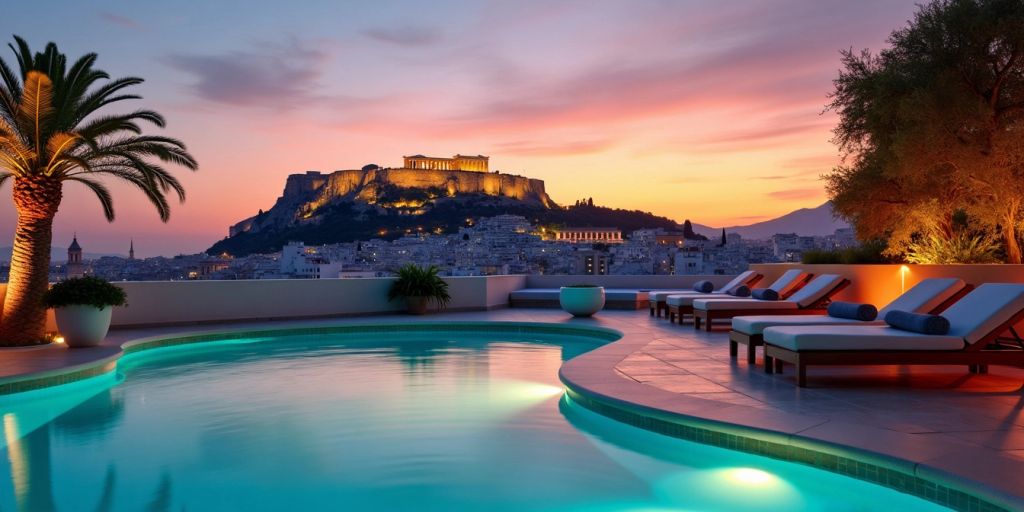 Hotel rooftop pool with Acropolis view at sunset.