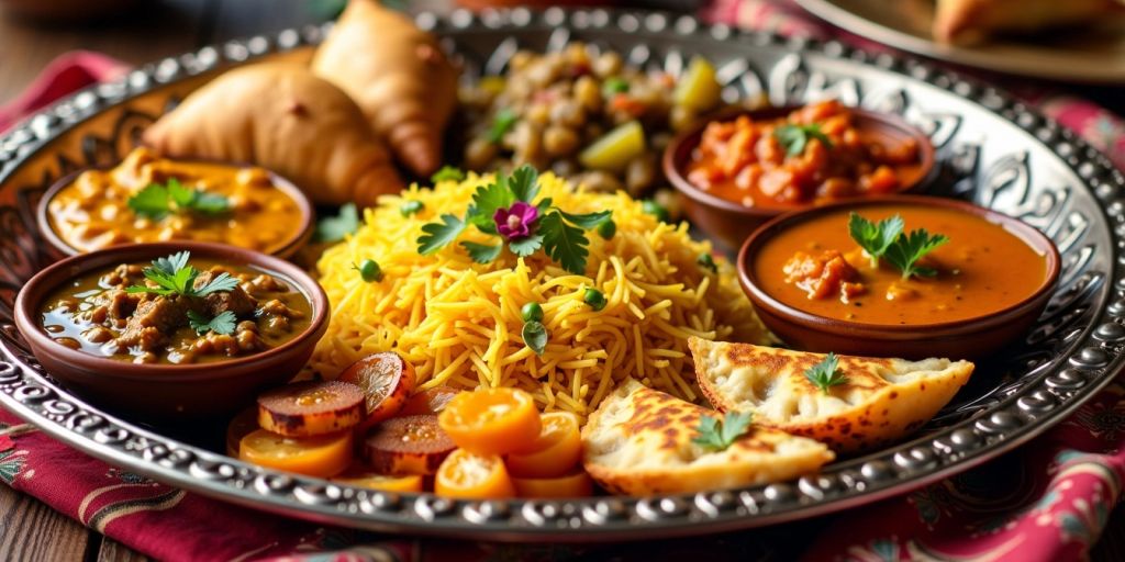 Colorful Indian dishes on a decorative platter.