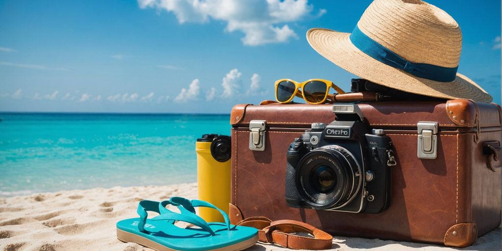 Packed suitcase and beach items on a tropical beach