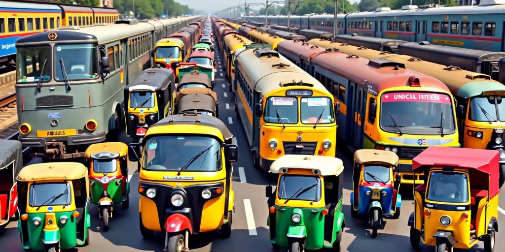 Collage of Indian transportation modes including rickshaws and trains.