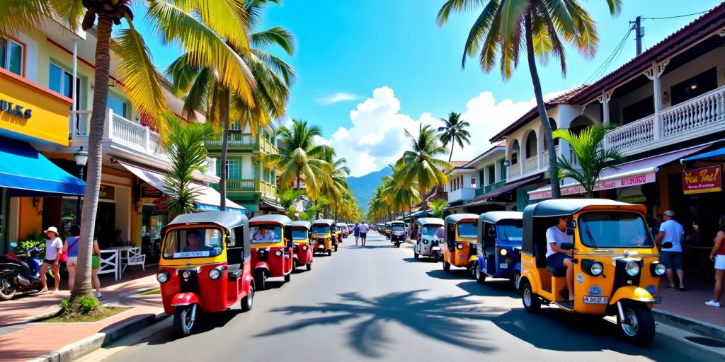 Colorful tuk-tuks and palm trees in Phuket.