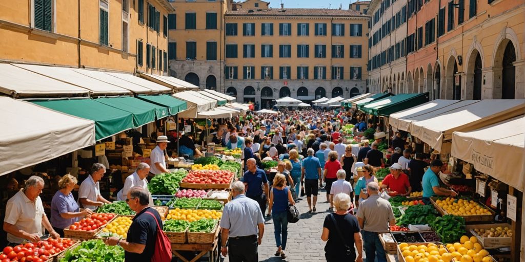 Italian market with colorful stalls and fresh produce.