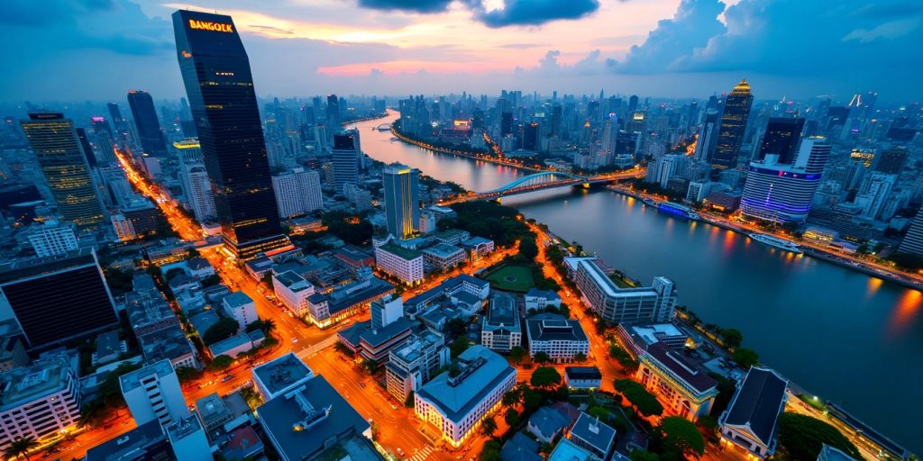 Bangkok cityscape at dusk with illuminated skyscrapers.