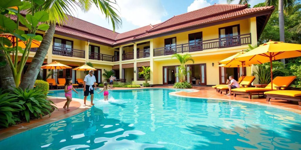 Family-friendly hotel with pool and children playing.