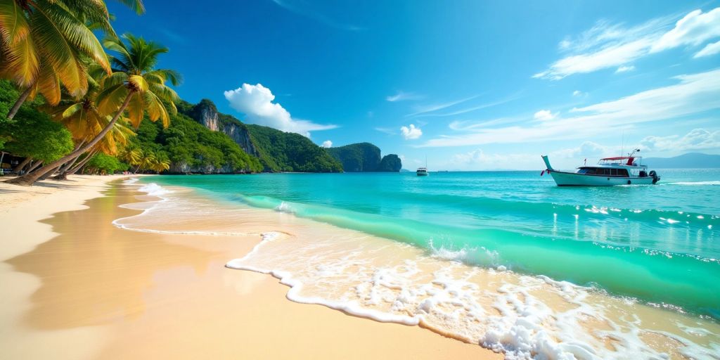 Beach with turquoise water and palm trees in Phuket.