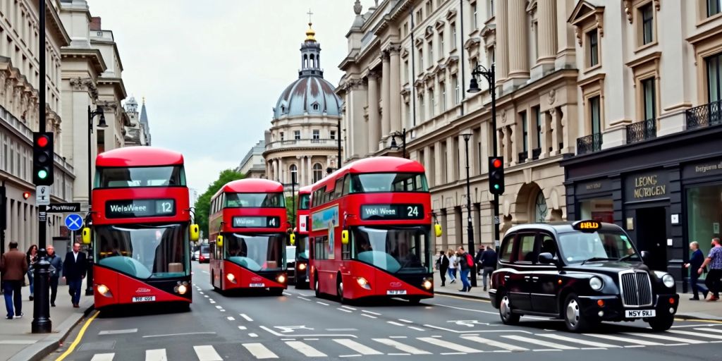 London street with buses, cabs, and pedestrians.