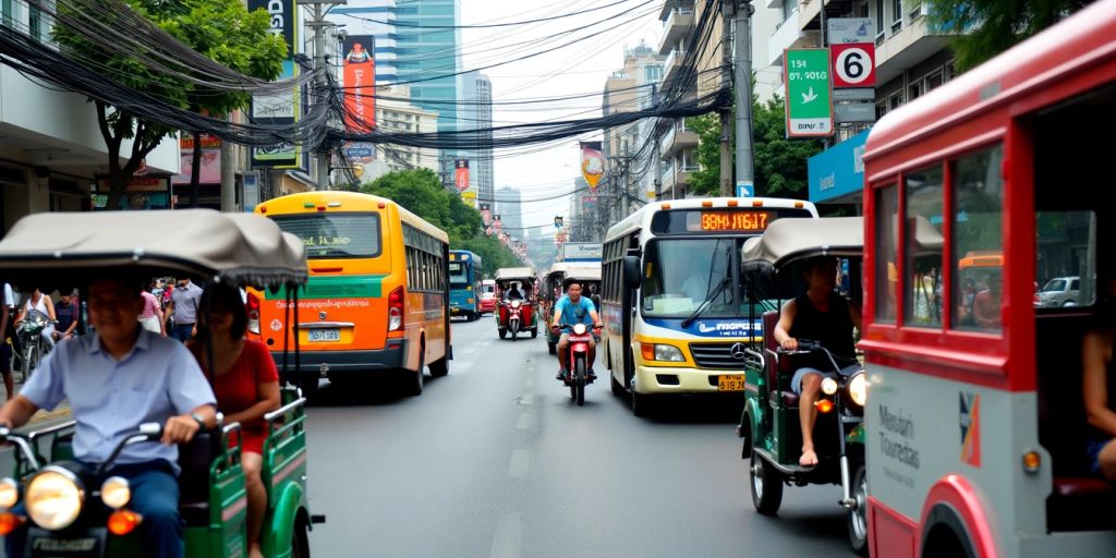 Colorful public transportation scene in busy Bangkok.