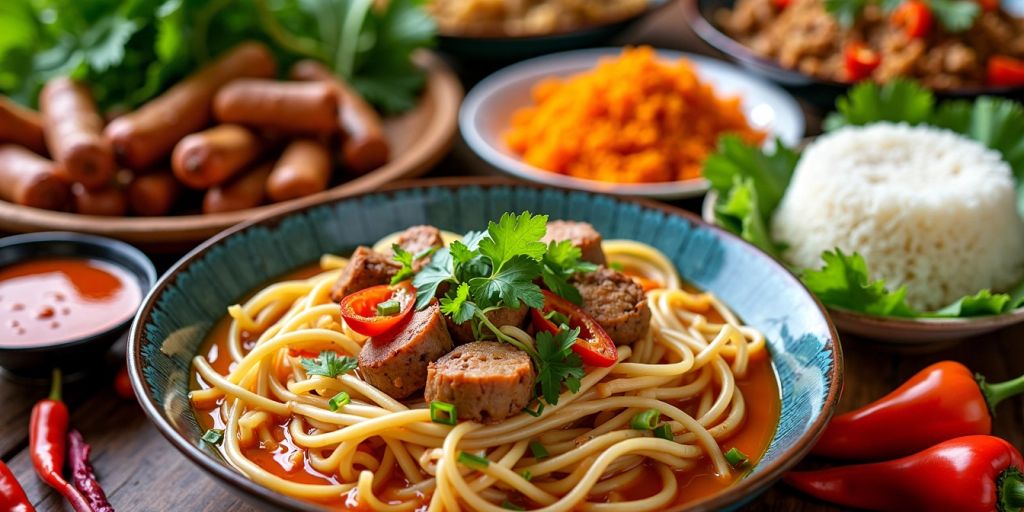 Colorful Chiang Mai dishes including Khao Soi and sausages.