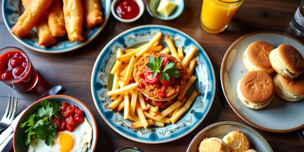 Iconic London foods including fish and chips and scones.