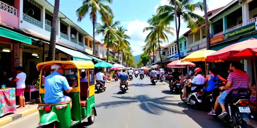 Phuket street with tuk-tuks and tourists