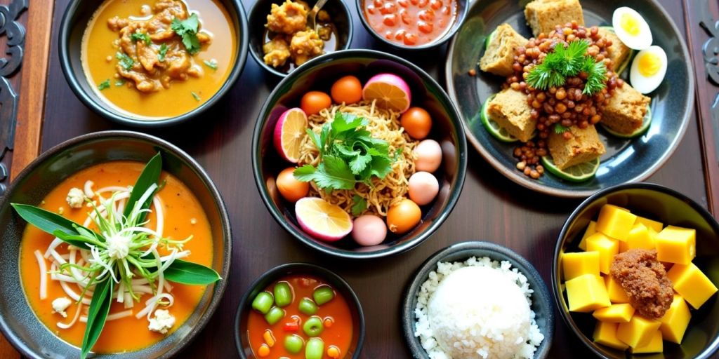 Colorful dishes from Chiang Mai's local cuisine on a table.