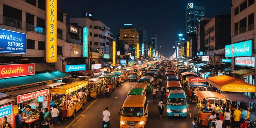 Bangkok street with budget hotels and tuk-tuks