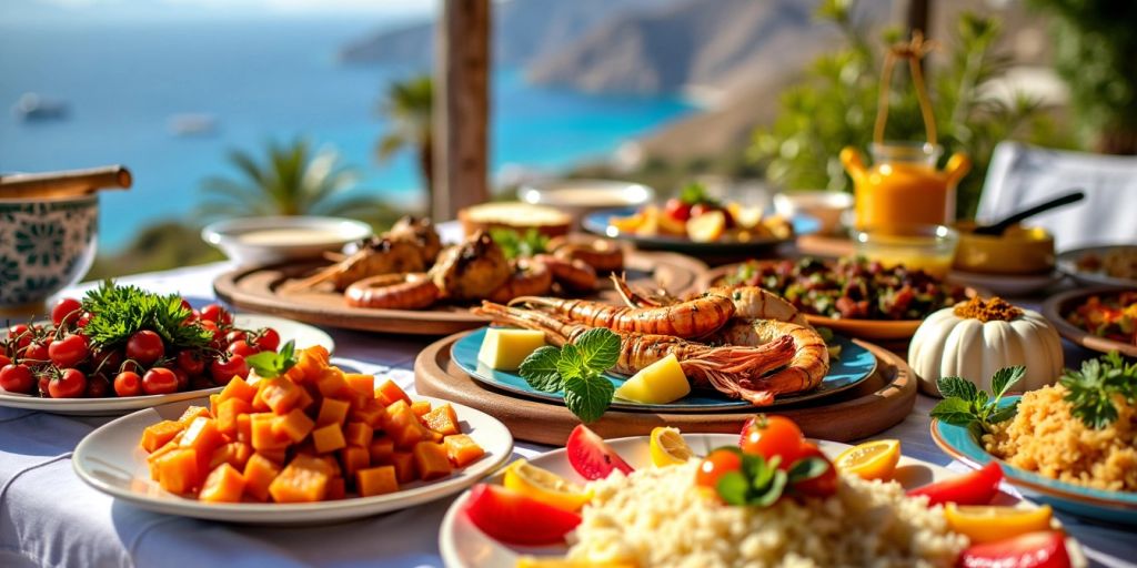 Traditional Mykonian dishes with seafood and fresh vegetables.