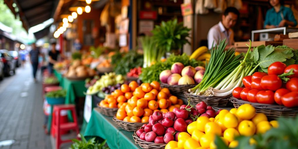 Colorful Thai market with fruits, vegetables, and street food.