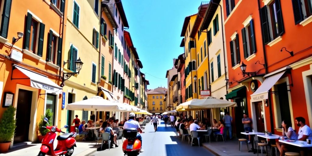 Colorful Italian street with scooters and outdoor cafes.