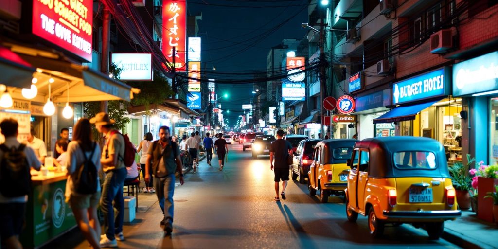 Bangkok street with budget hotels and backpackers