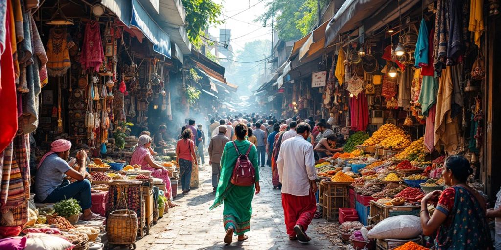 Colorful local market in India with vibrant stalls and crowds.