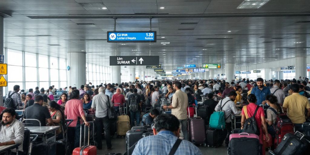 Busy Indian airport terminal with travelers and luggage.