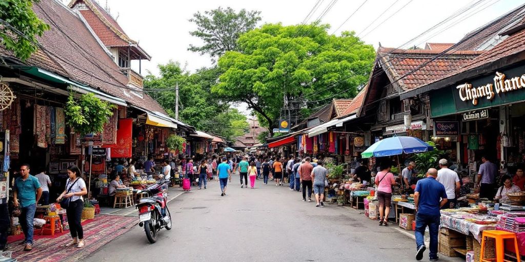 Colorful street market in Chiang Mai with local crafts.