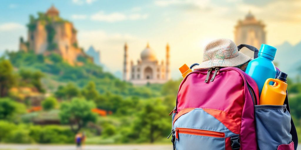 Backpack with travel essentials for an Indian adventure.