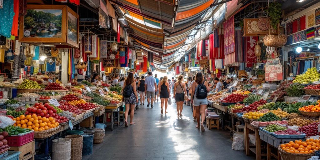 Colorful market stalls in Pattaya with vibrant local goods.