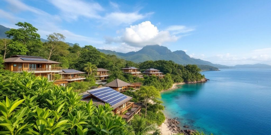 Eco-friendly hotels in Phuket amidst lush greenery and water.