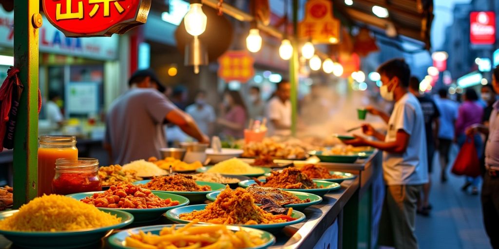 Colorful Bangkok street food stalls with delicious dishes.