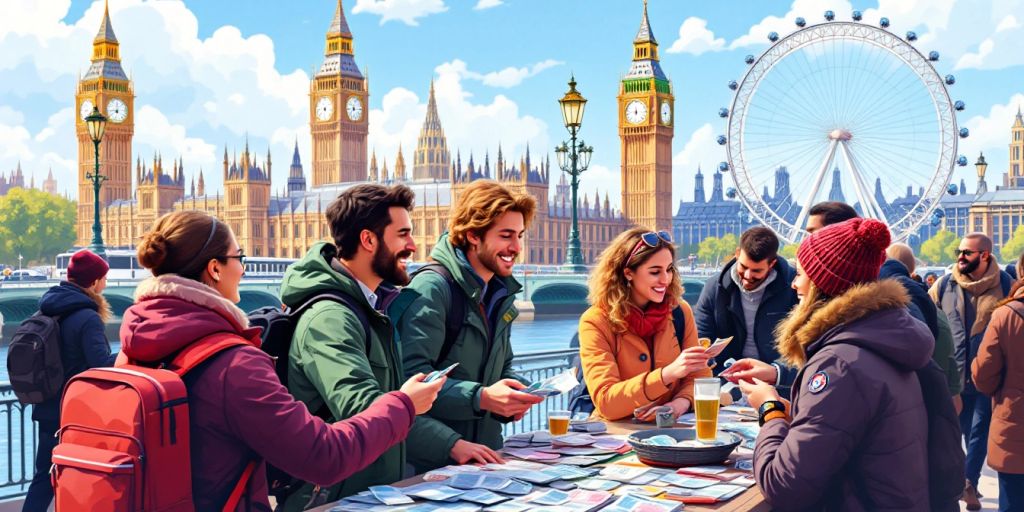 Travelers exchanging currency in a lively London market.