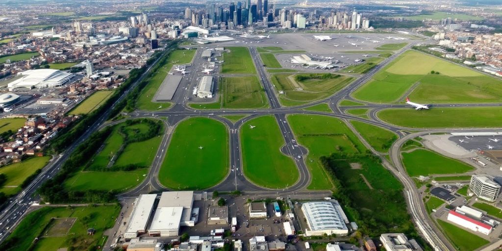 Aerial view of London airports with planes and skyline.